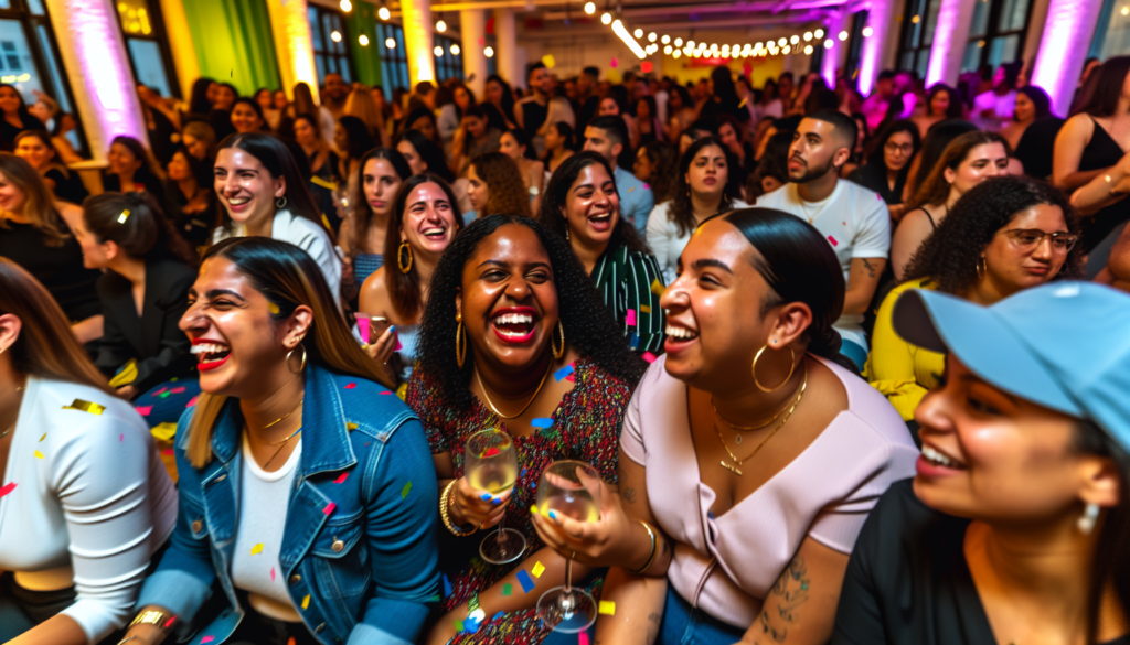 A vibrant and lively kick-off party with attendees enjoying the event